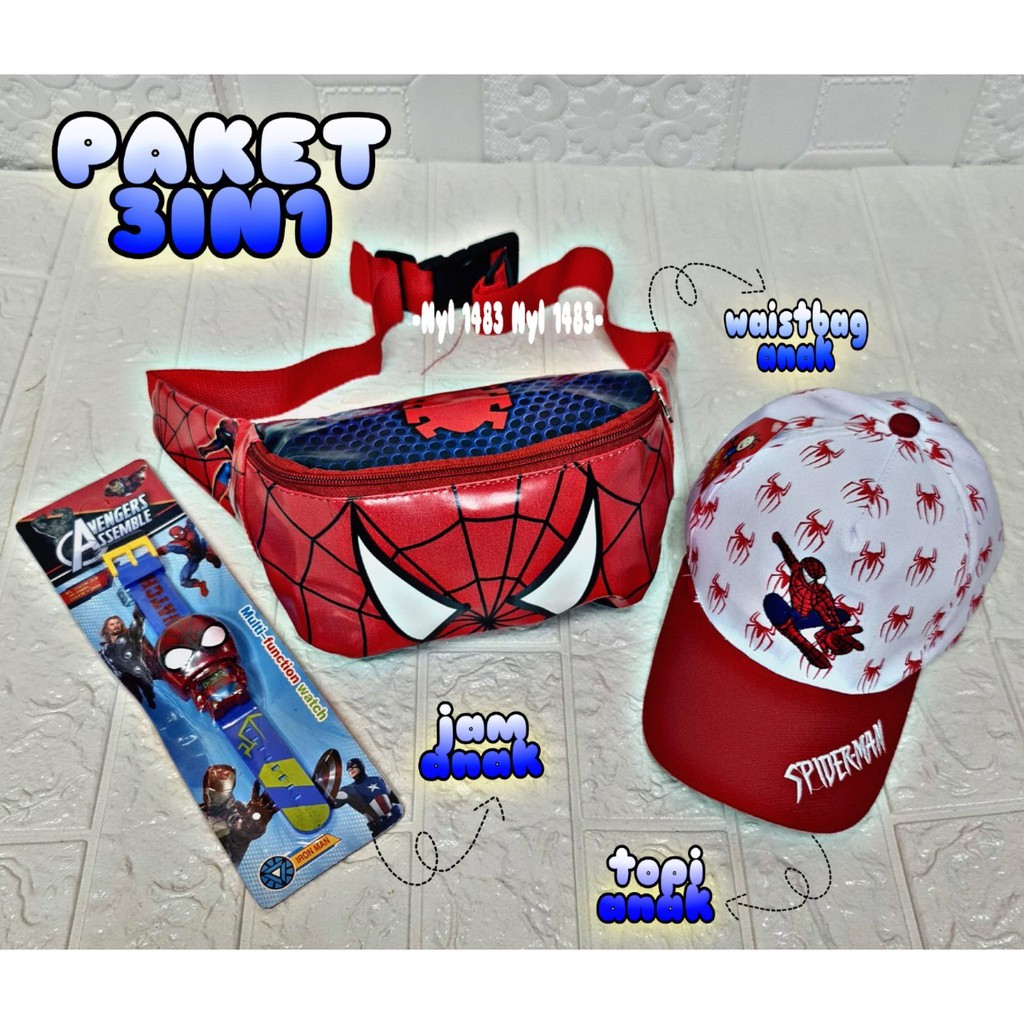 WAISTBAG ANAK LAKI LAKI, PEKET 3  IN 1 WESTBAG ANAK + TOPI ANAK LAKI LAKI + JAM MOTIF SPIDERMAN