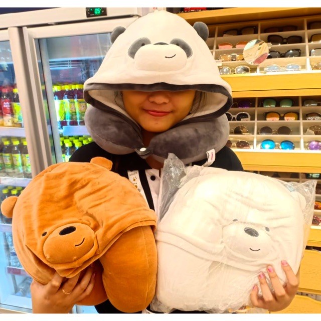 Bantal Leher - Miniso We Bare Bears U-Shaped Pillow With Hoodie+Bantal Leher Topi