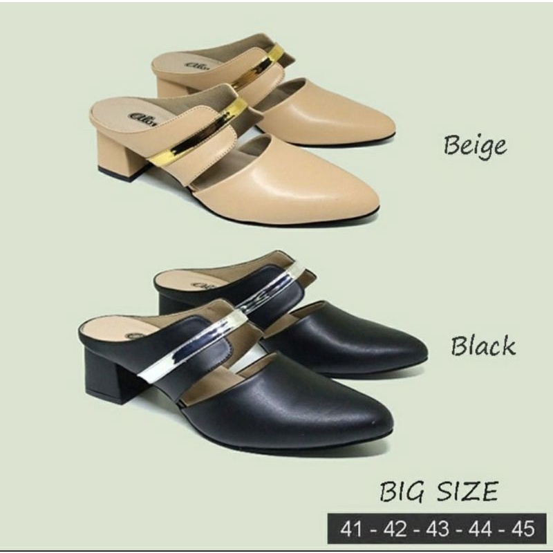 COD / Higheels Wanita Alonaid Big Size 41-45 Slop Bustong Cewek Dewasa JUMBO Kulit Krem Hitam, 44