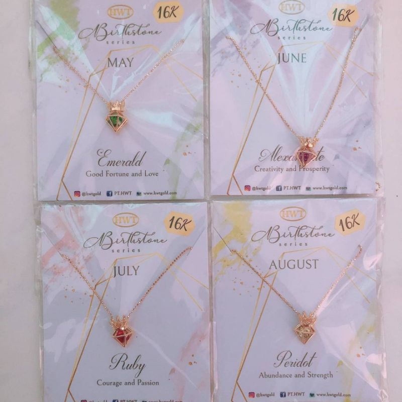 Kalung, anting, cincin dan gelang birthstone batu warna bulan lahir HWT kadar 16K 700