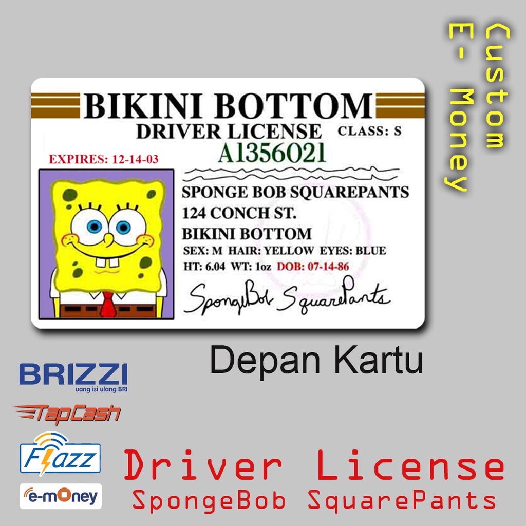 Emoney Flazz Brizzi Tapcash E-Money Custom Edisi Driver License SpongeBob &amp; Patrick