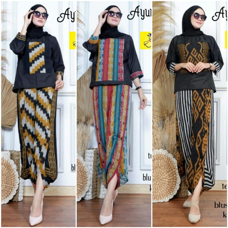 SETELAN FASHION WANITA TERBARU BAJU SETELAN WANITA KEKINIAN Set Tenun Blus & Celana Tejo Salur Ori B