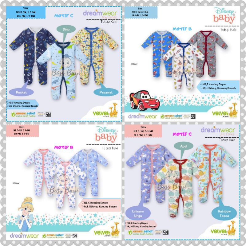 VELVET JUNIOR Dreamwear sleepsuit kancing depan/oblong kancing bawah tutup kaki NB,SML