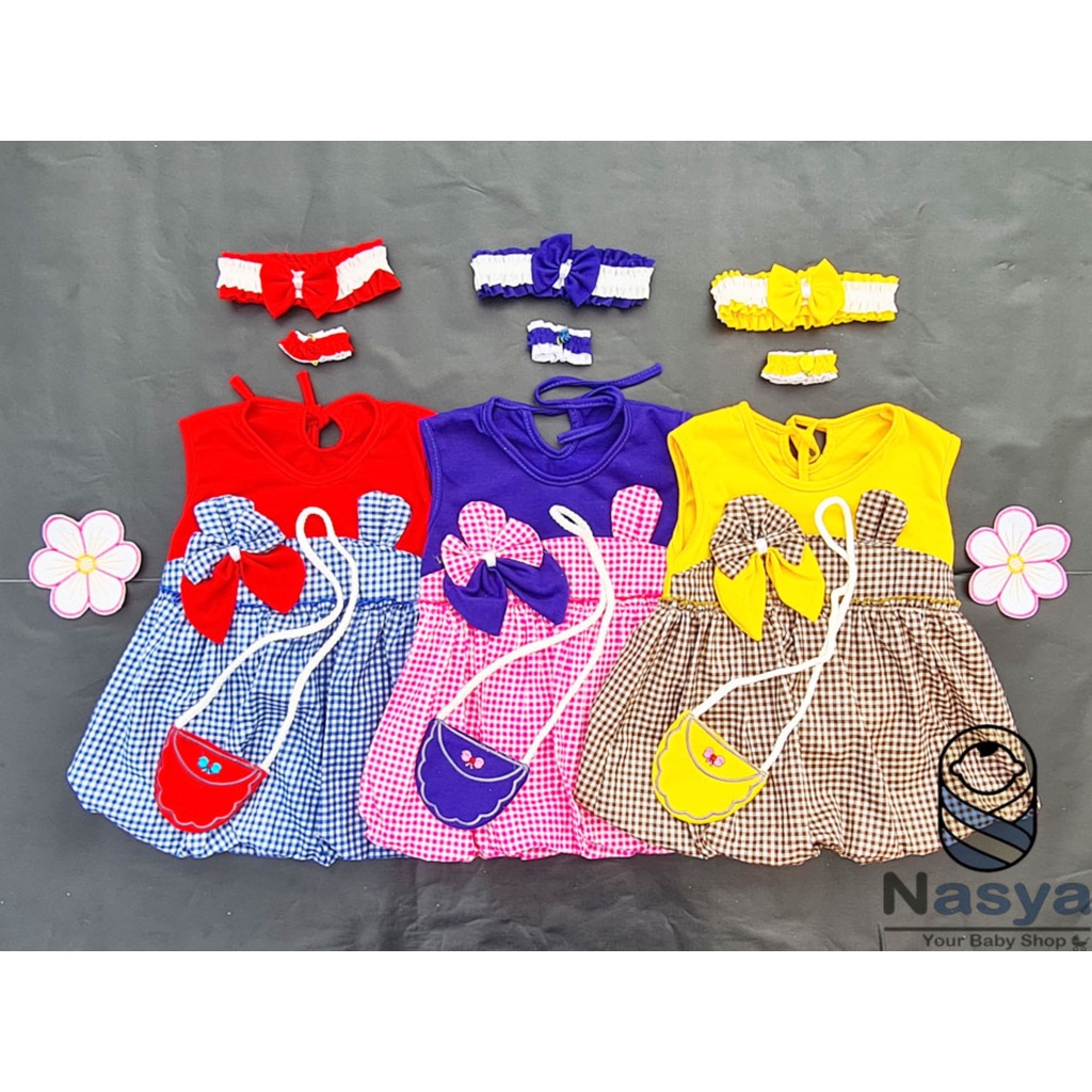 [P-044B] Dress Bayi Anak Lucu Usia 0-6 Bulan Full Set Bandana, Gelang dan Tas