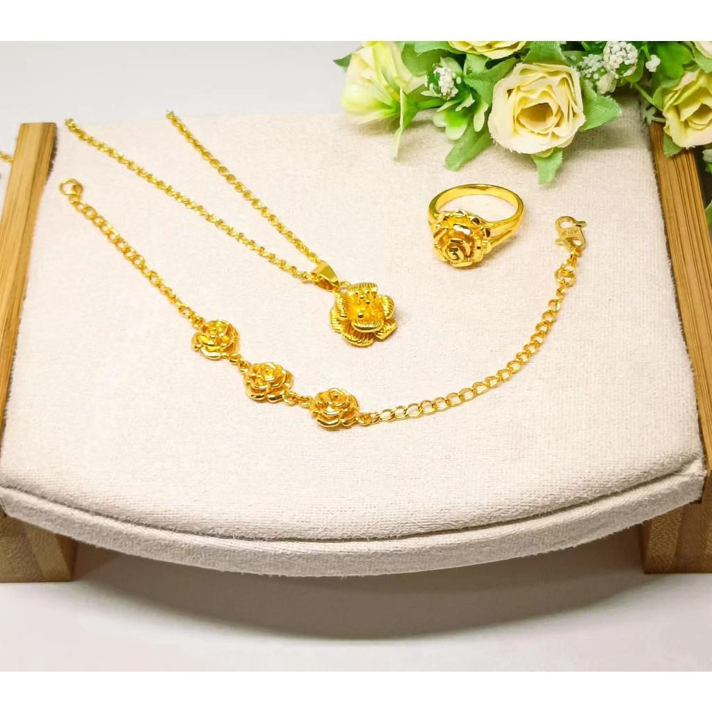 satu set gelang+kalung dan Liontin+cincin kendari gold 24K perhiasan hadiah bunga