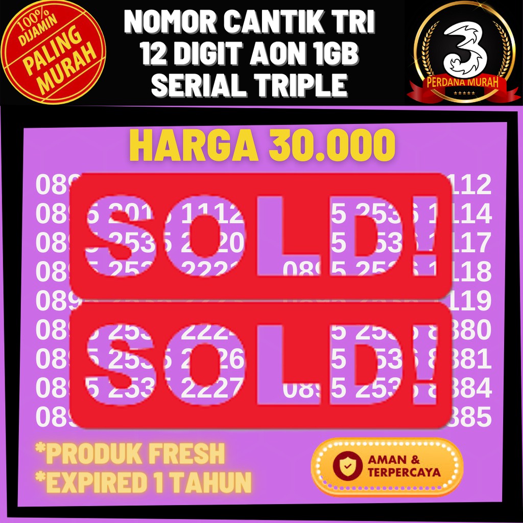 Kartu Nomor Nomer Kuota Perdana Cantik Murah Tri Three 3 12 Digit AON 1GB Triple Tripel A11