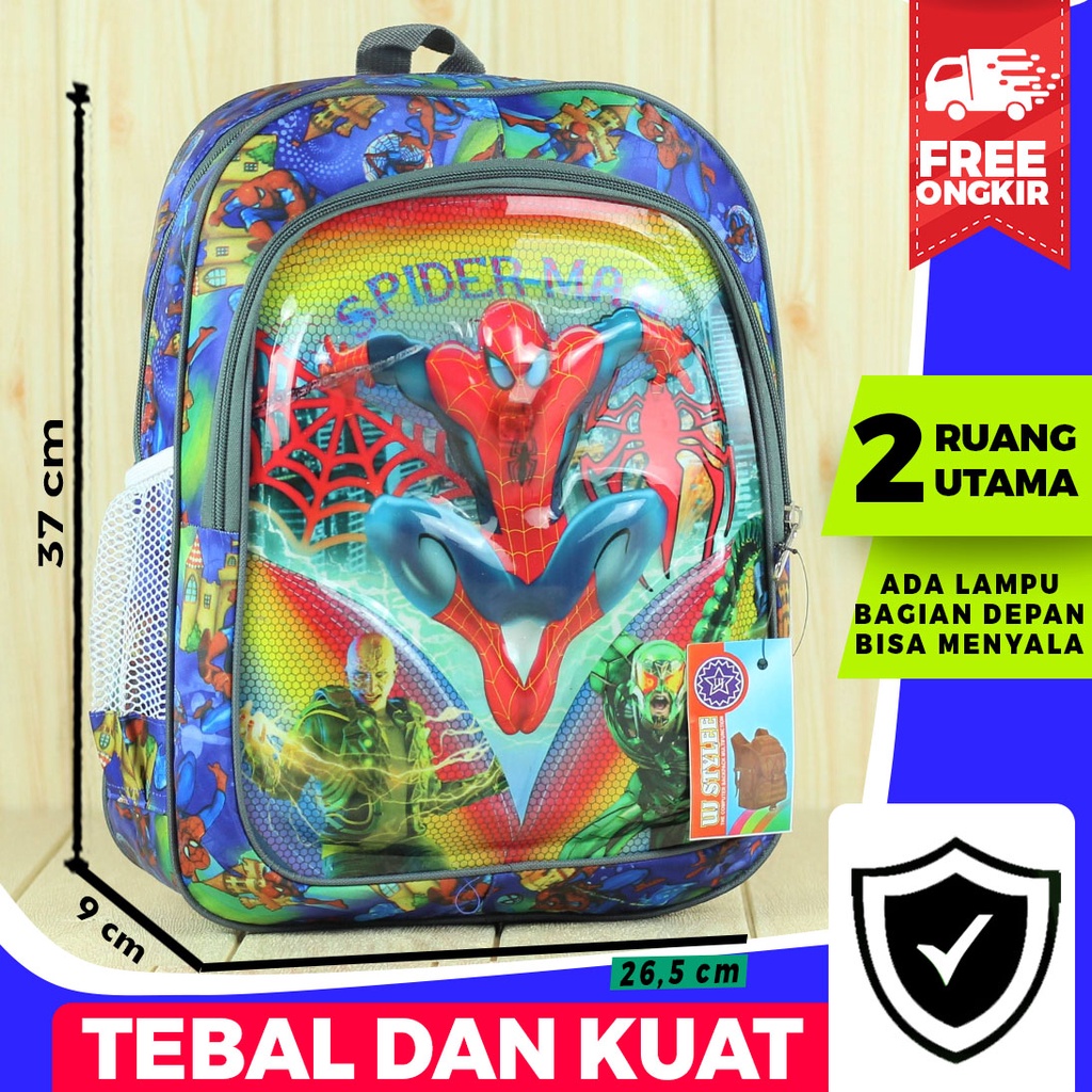 Tas Sekolah Anak Laki Laki TK Lampu Spiderman Biru SD PAUD Karakter Murah Gambar Kartun Karakter Terbaru Lucu Premium SMP Mini Murah BT-21 Motif Karakter Berkualitas