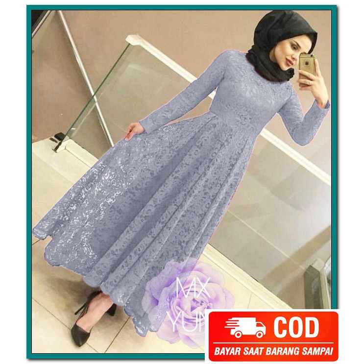 Gamis Syari Wanita Dewasa Murah Bagus Baju Gamis Terbaru 2021 Jum CD297 Maxi Yuni Brukat Abuabu [H