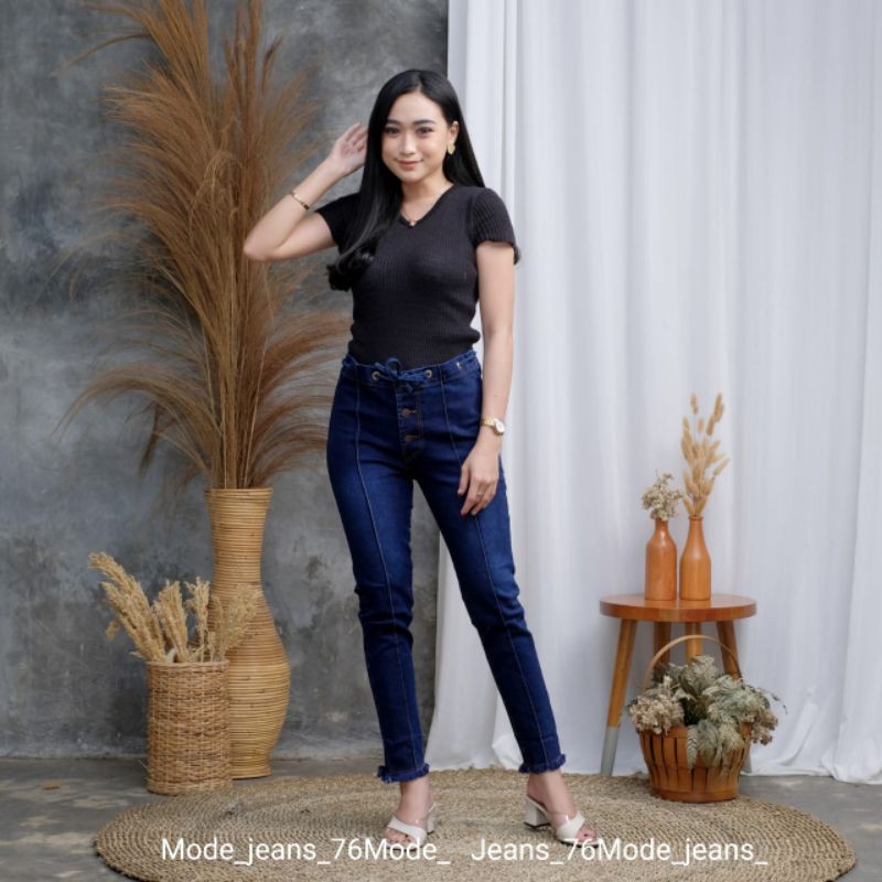 CELANA HIGHWAIST TALI RAWIS/ HW JEANS PRENIUM WANITA