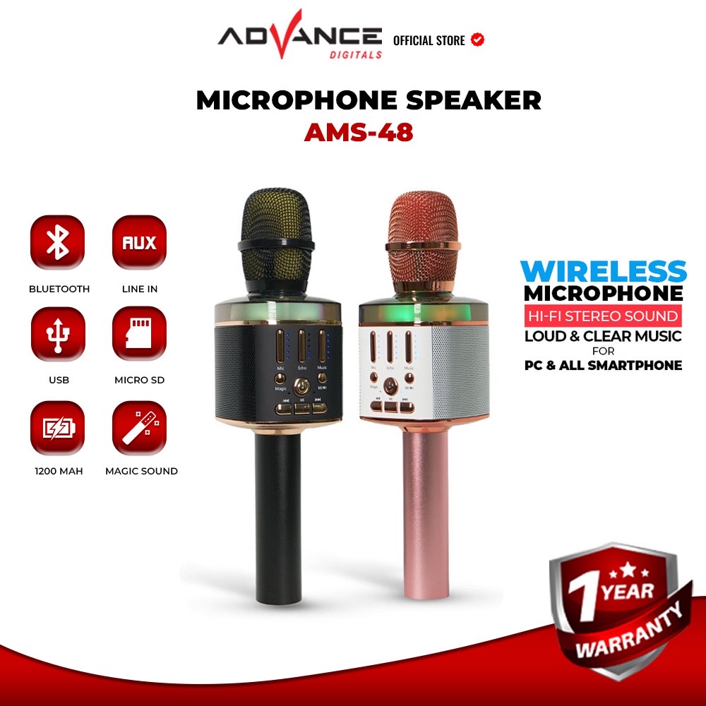 Microphone Wireless Bluetooth Advance AMS48 Speaker  Hi Fi Stereo Sound RGB Karoke Garansi Resmi 1 Tahun