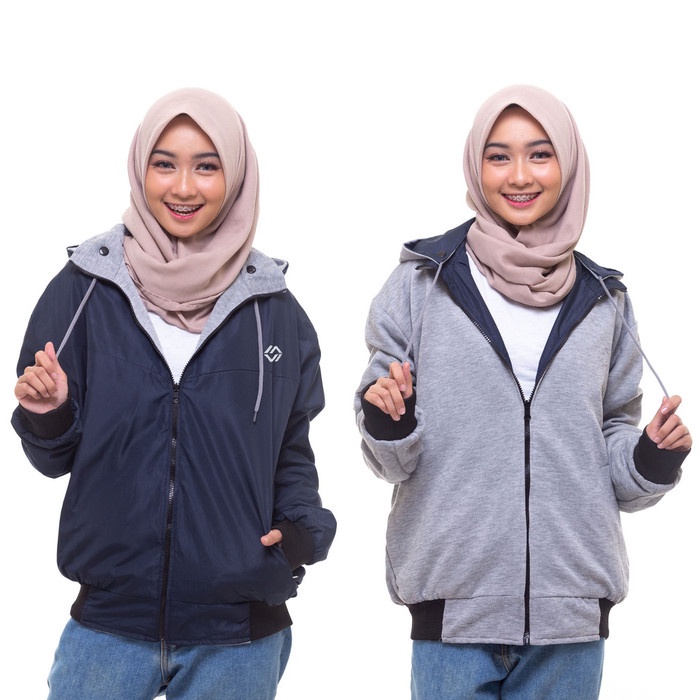 Jaket Wanita HOODIE BISA DILEPAS JAKET PARKA WANITA BOMBER PARASUT BOLAK BALIK - NAVY GREY, L(J9N1) 