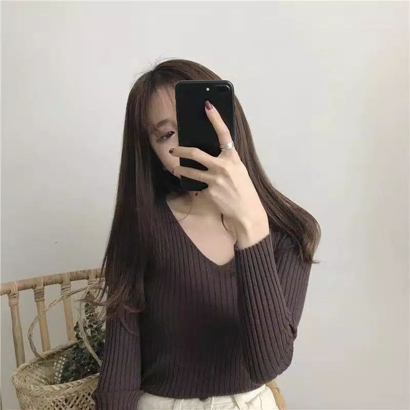 Sweater Rajut Wanita kerah V neck lengan panjang VICTORIA Knit Premium Tebal