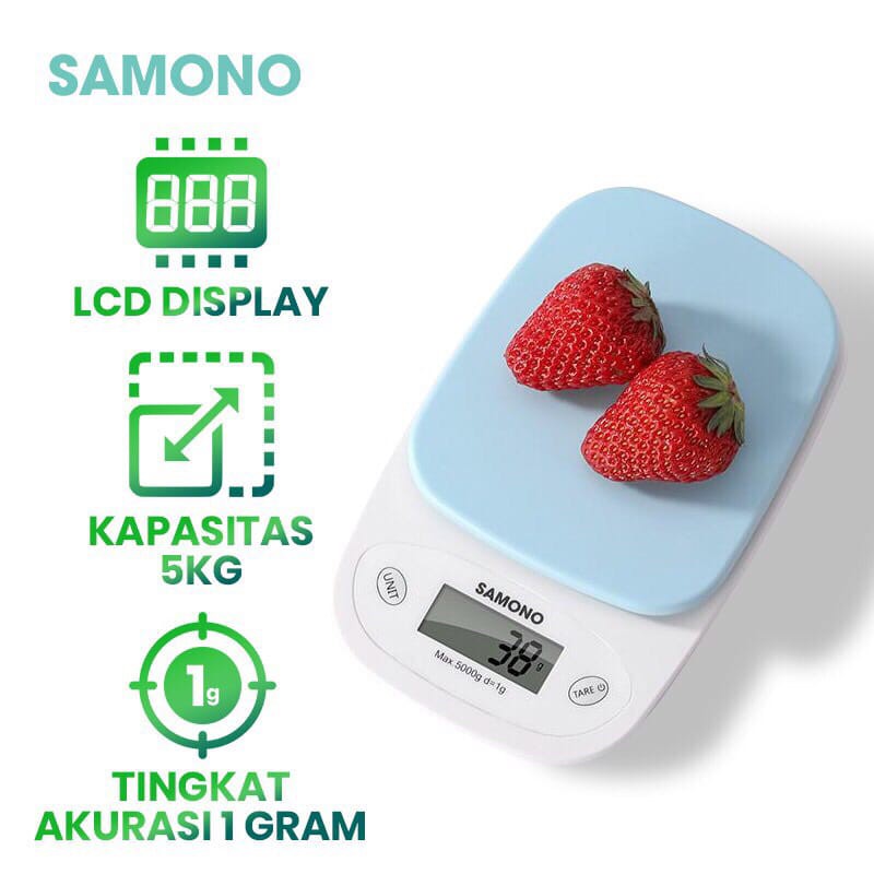 Timbangan Dapur SAMONO SW-KS01 Digital Elektrik LCD Display bahan Plastik Kualitas Premium 5KG Biru