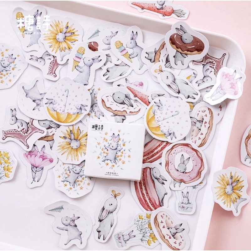 (45 PCS) STICKER AESTHETIC CUTE BOX STIKER LUCU MURAH BINATANG ORANG BUNGA SCRAPBOOK STIKER HP-Cute Rabbit