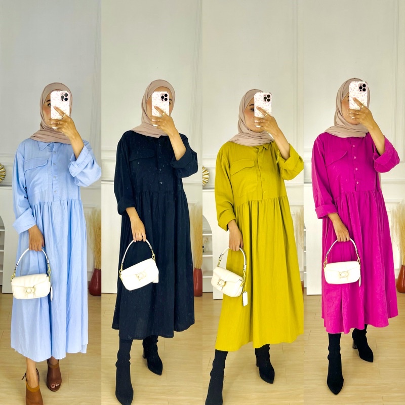 MIDI DRESS KEKINIAN POLOS BAHAN LINEN CRINKLE PREMIUM