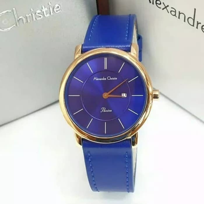 JAM TANGAN WANITA ALEXANDRE CHRISTIE AC 2738 ROSEGOLD BLUE LEATHER ORIGINAL GARANSI 1 TAHUN