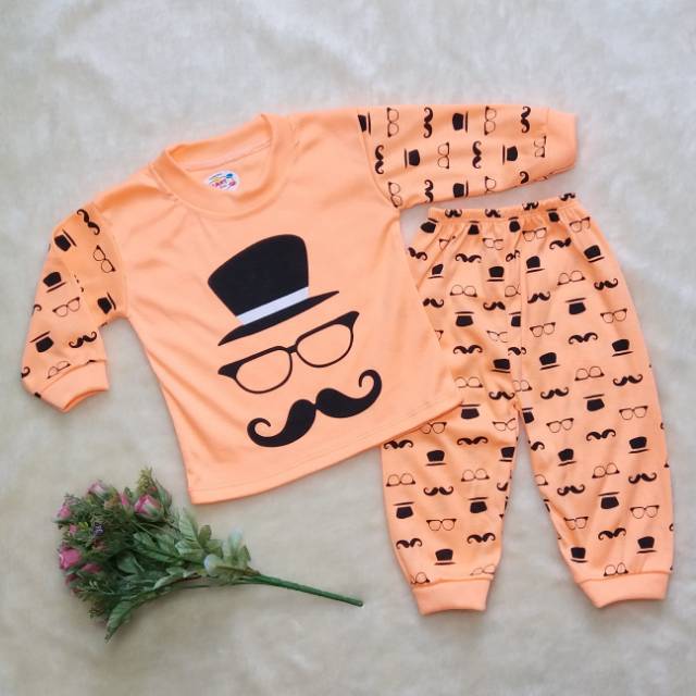 Ss#158 Piyama Baju Tidur Anak Size 3-12bulan Bahan Kaos / Setelan Baju Panjang Bayi Motif Kumis