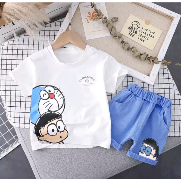 "HARGA GROSIR" SETELAN KAOS ANAK PEREMPUAN DAN ANAK LAKI LAKI USIA 1 - 5 TAHUN MOTIF NOBITA DAN DORA