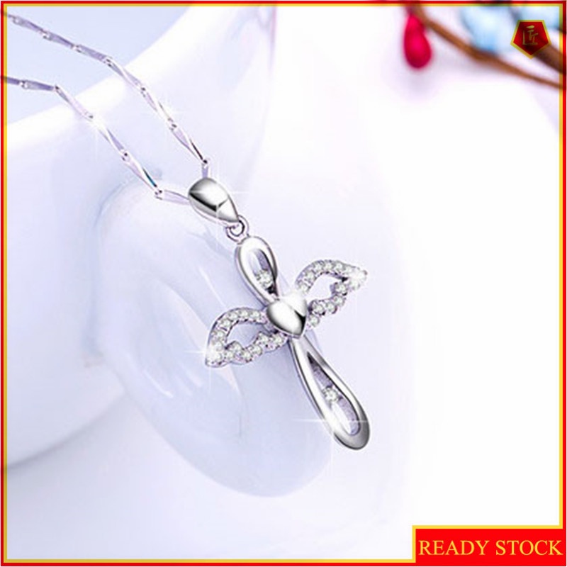 [Ready Stock]Fashion Silver Plated Cross Pendant Angel Wings Necklace