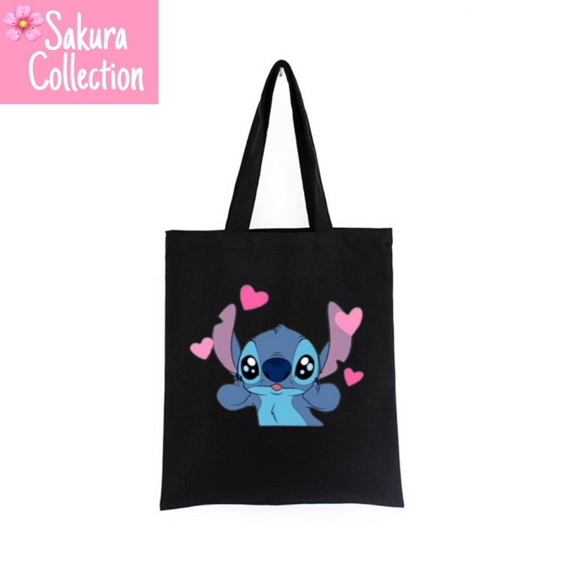 Tote Bag tas STITCH DISNEY tote bag resleting pria wanita tas sekolah / tas ngaji / tas kerja unisex canvas kekinian hitam/black tas jinjing/laptop fashion /tas jaring