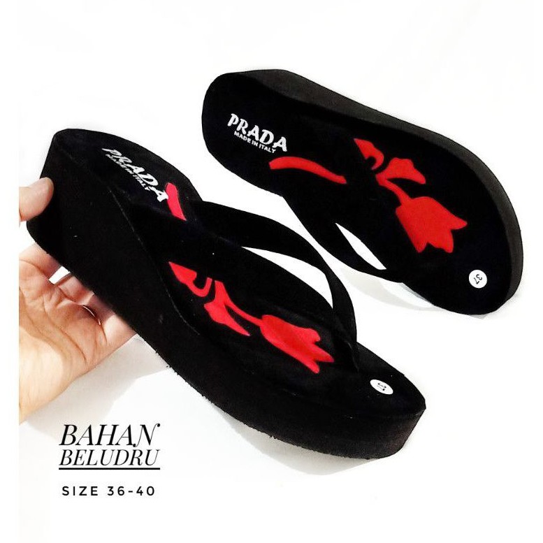 LUXURY - SANDAL WEDGES WANITA JEPIT - SANDAL JAPIT WANITA - SANDAL WEDGES SPON (PRADA MAWAR)