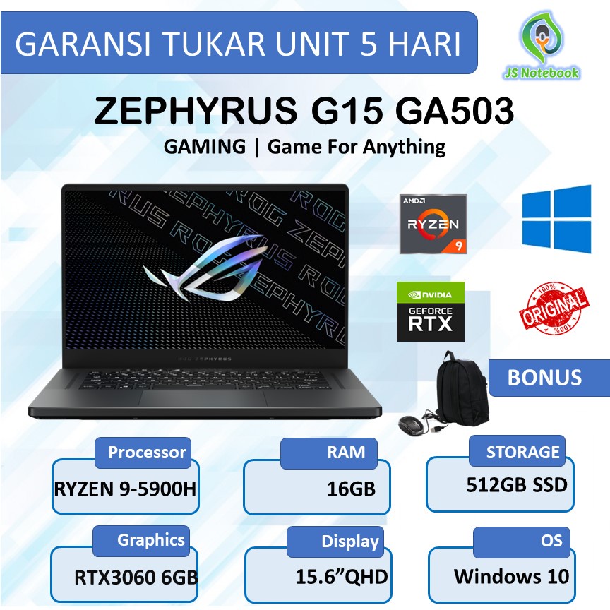 ASUS ROG ZEPHYRUS G15 GA503 RYZEN 9 5900 16GB 512SSD RTX3060 6GB W10 15.6QHD 165Hz-BLACK