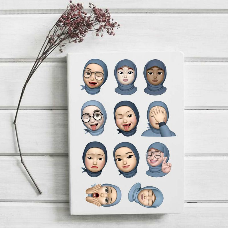 11 stiker animoji face hijab biru