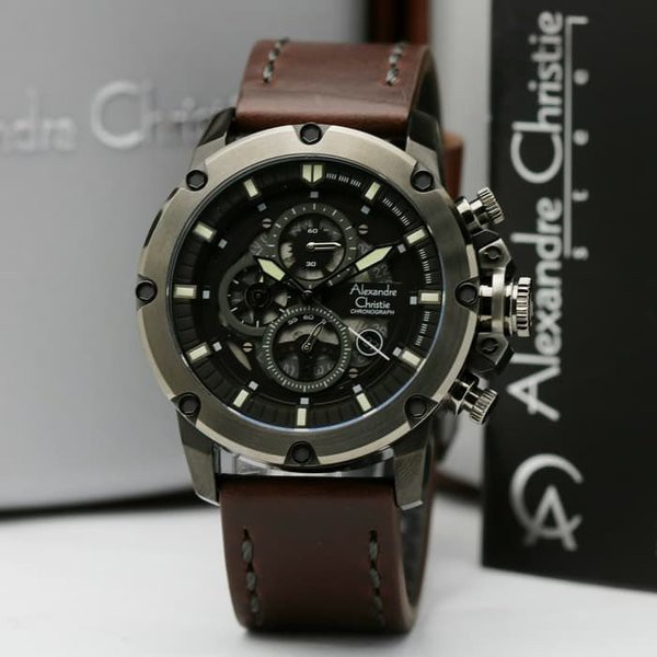 Jual jam tangan original Alexandre Christie AC 6416 BLACK BROWN COWO Berkualitas