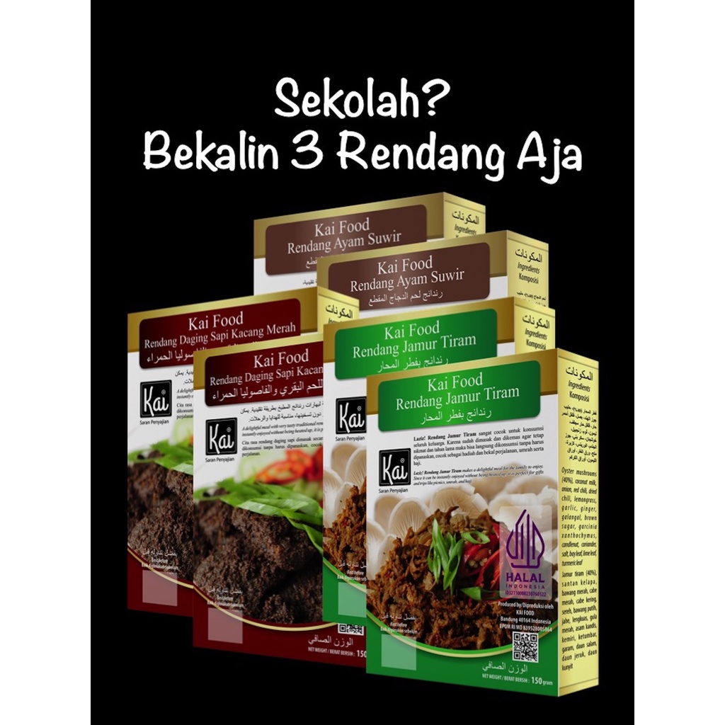 

Paket Hemat 2 RENDANG JAMUR TIRAM 2 RENDANG DAGING SAPI KACANG MERAH 2 RENDANG AYAM SUWIR Kai Food 900g