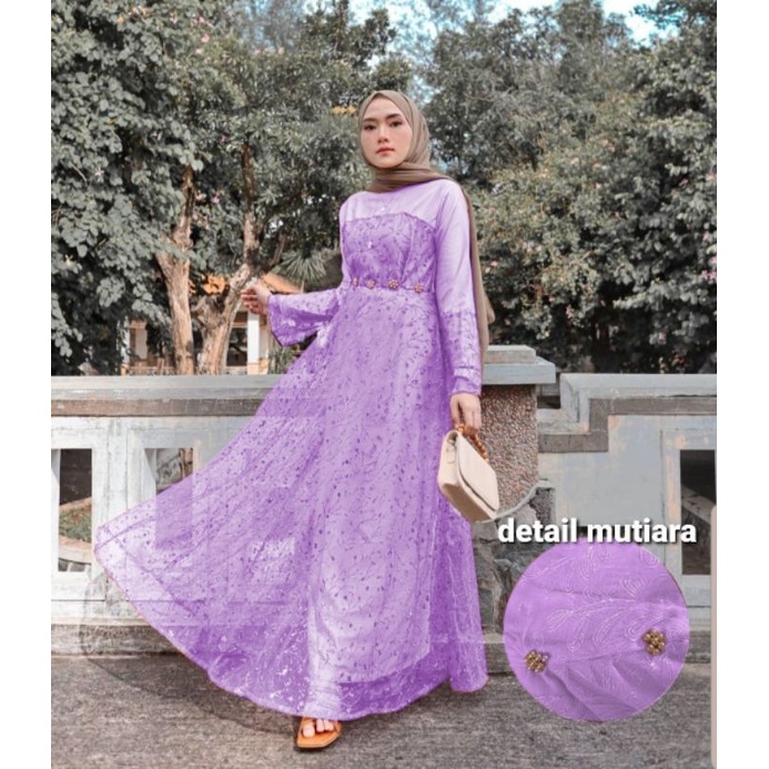 Gamis ralina brukat tile baju muslimah remaja brikat tile mutiara cantik elegan murah rach at