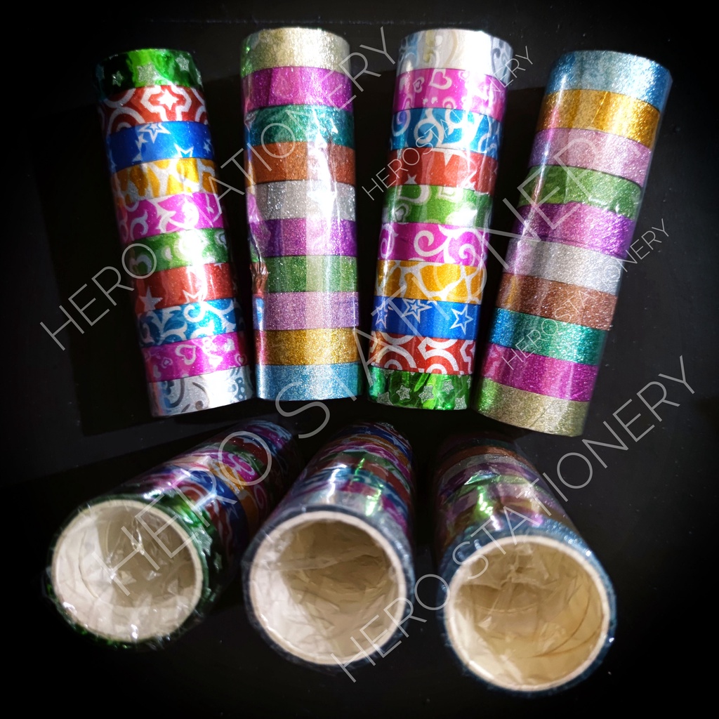 

Selotip tape warna motif glitter 0.5 inch . 10 roll