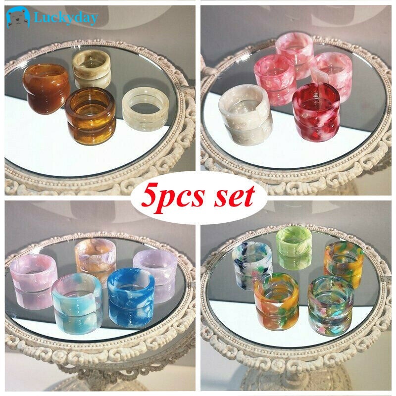YEEZII 5pcs / Set Cincin Bahan Resin Akrilik Aksen Berlian Warna-Warni Gaya Korea Untuk Wanita