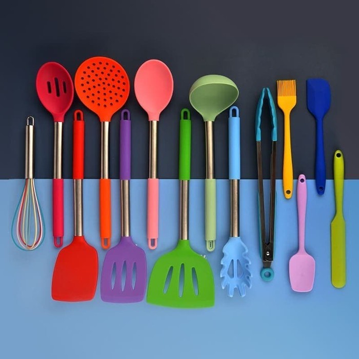 Silicone utensil set 14 pcs / peralatan masak sutil spatula silikon - warna Rainbow