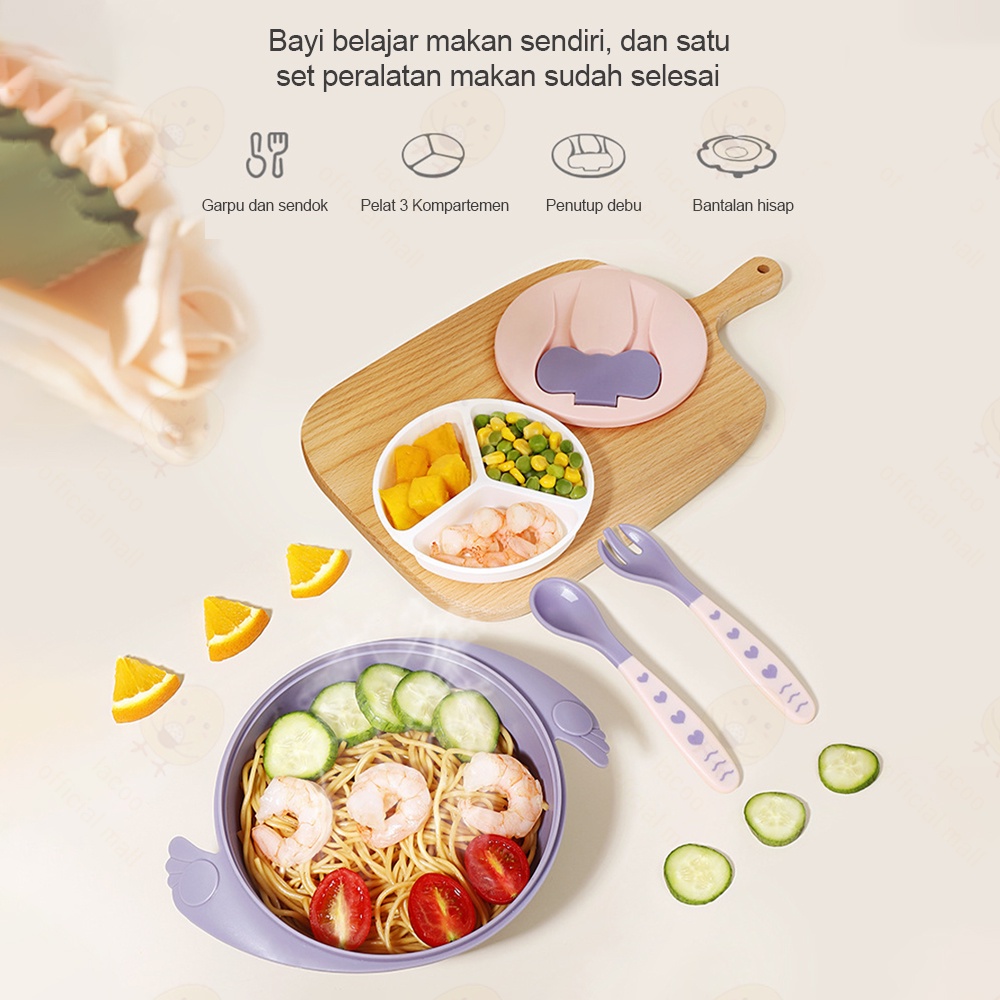 Lacoo Tempat makan bayi anak set Alat makan bayi Silikon Mangkok double layer bowl dengan sendok dan garpu