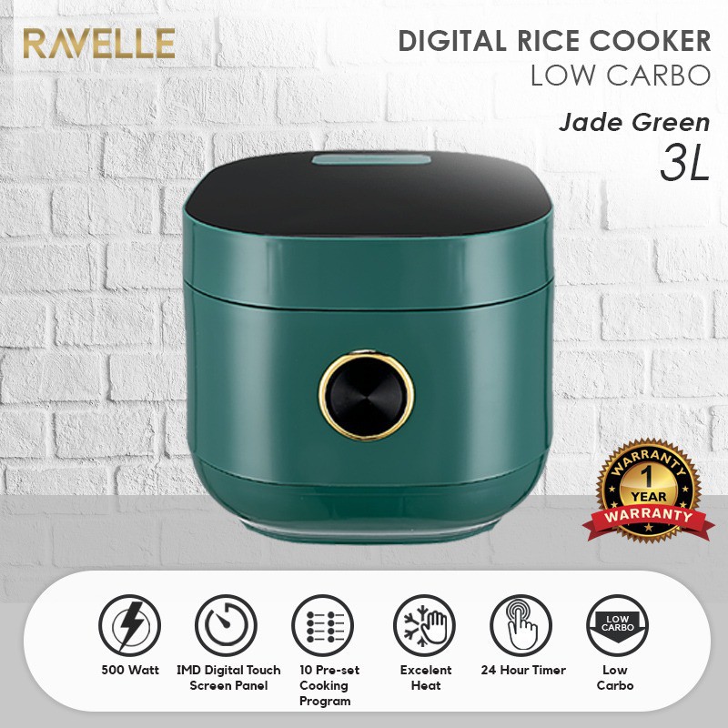 Ravelle Smart Digital Rice Cooker Low Carbo Low Sugar 3L - Jade