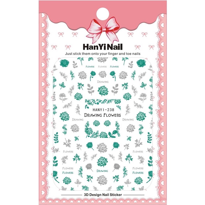 Green Grey Color Chrysanthemum Flower Doodle Ultra Thin Nail Sticker Stiker Kuku Bunga Cantik Nail A