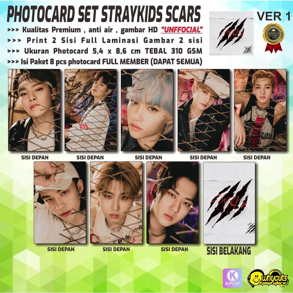 PHOTOCARD FULL SET PC KPOP PREMIUM STRAYKIDS SCARS JAPAN ALBUM / PRINT 2 SISI FULL LAMINASI ISI 8 PCS FULL MEMBER