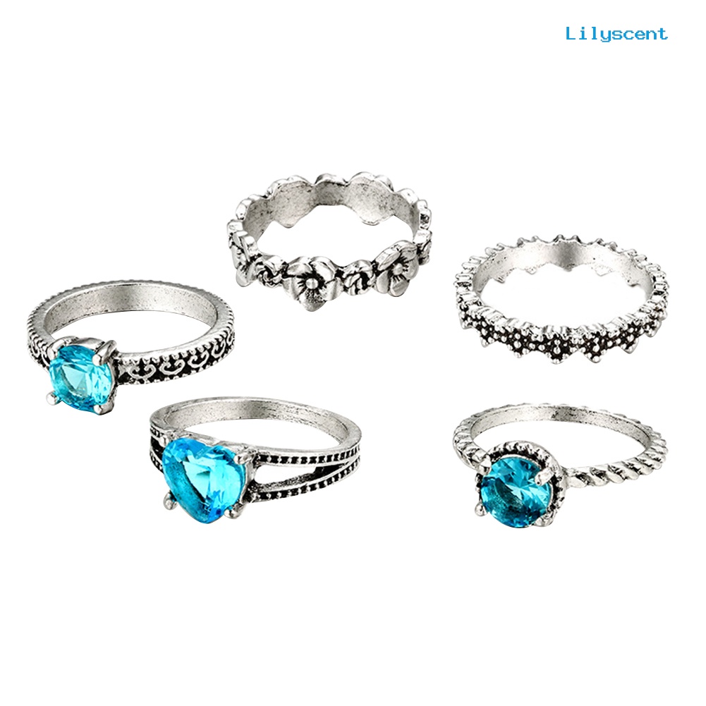 5pcs / Set Cincin Jari Bentuk Bunga Hati Hollow Aksen Berlian Imitasi Warna Biru Gaya Retro Boho Untuk Wanita