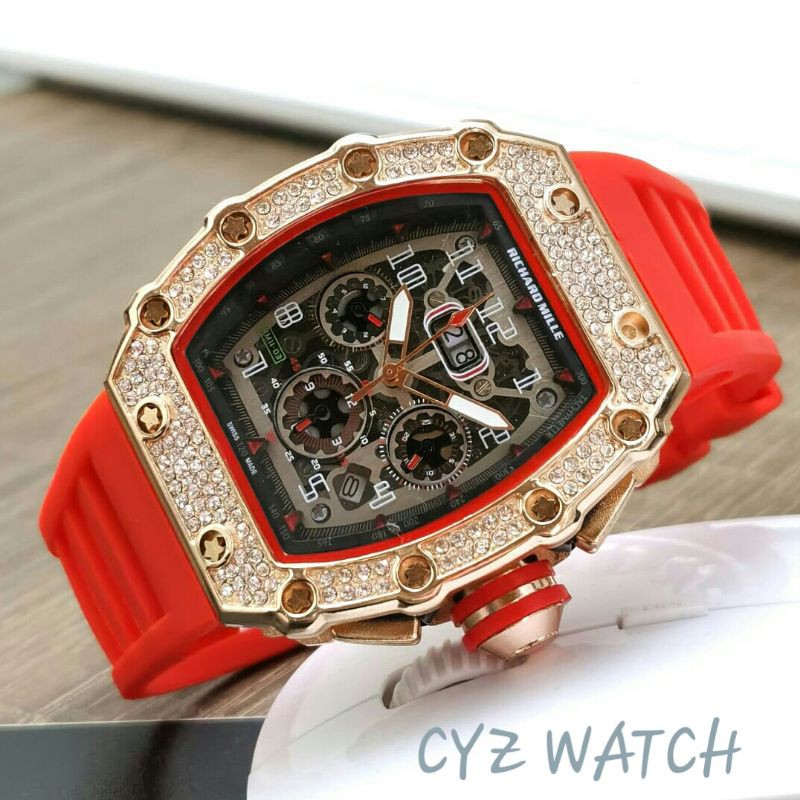 Jam Tangan Pria Elegan Exclusive RM MASTER RUBBER Premium Watch Red Rosegold Limited