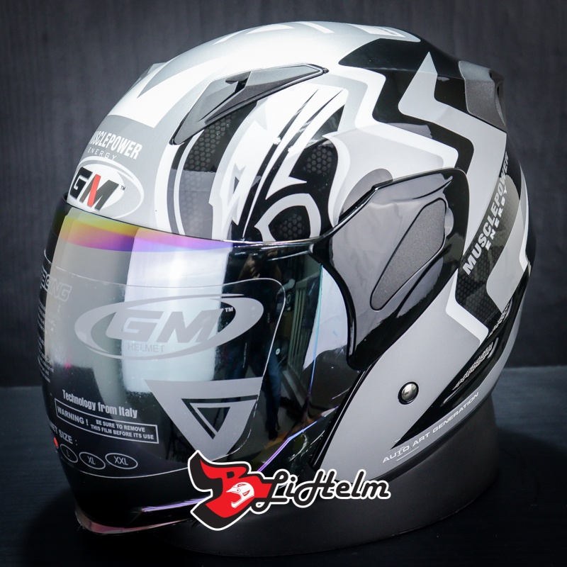 GM HELM FIGHTER MUSCLE POWER BLACK SILVER | HALF FACE SNI