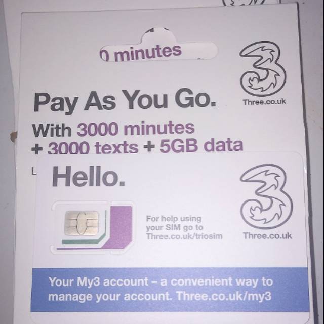 SIM CARD 3 UK KUOTA 5 GB + UNLIMITED calls +  sms in europe only - 30 DAYS