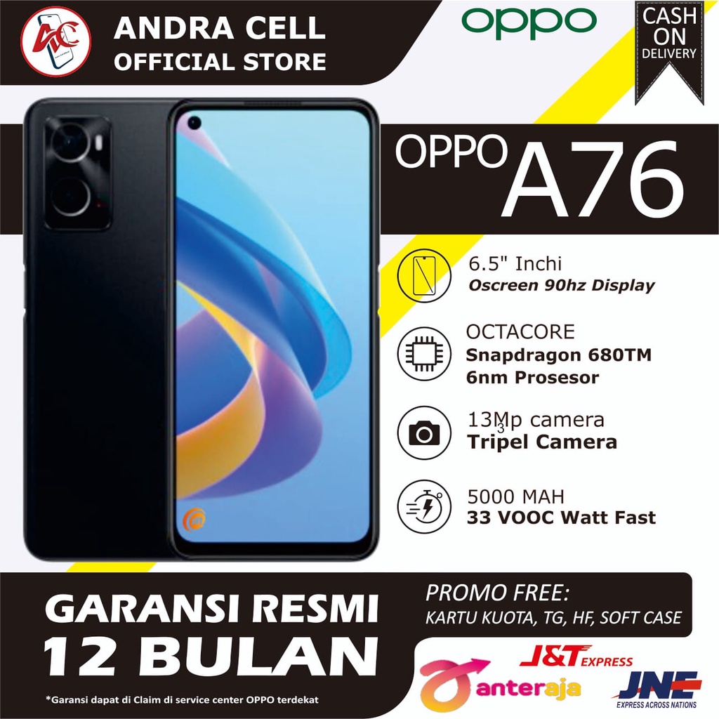 Hp OPPO A76 Ram 6/128GB layar 6,5 Inchi 90Hz Refresh Rate Baterei 5000 Mah Garansi Resmi