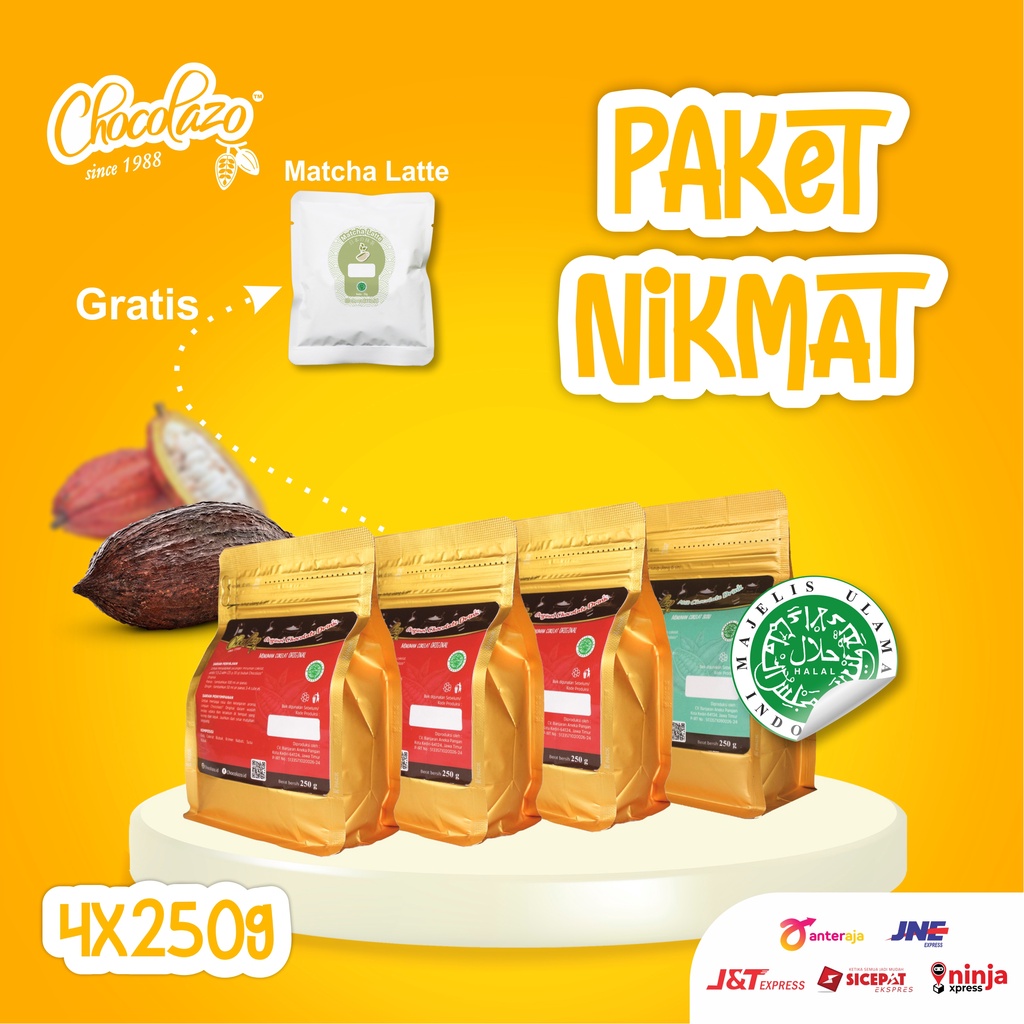 

Minuman Coklat Bubuk Premium Dark Chocolate 250g (3pcs) & Milk Chocolate Chocolazo 250g (1pcs) - Paket Nikmat Chocolazo