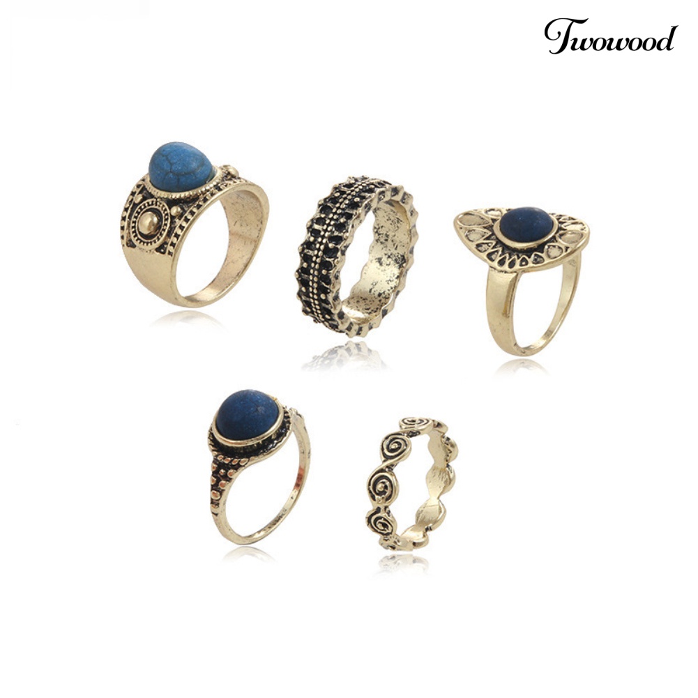 5pcs / Set Cincin Jari Bahan Alloy Aksen Batu Biru Gaya Bohemian Vintage Untuk Wanita