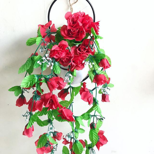 RAMBAT ROSE VAS DINDING BESI   - bunga pot artificial home decor shabby chic