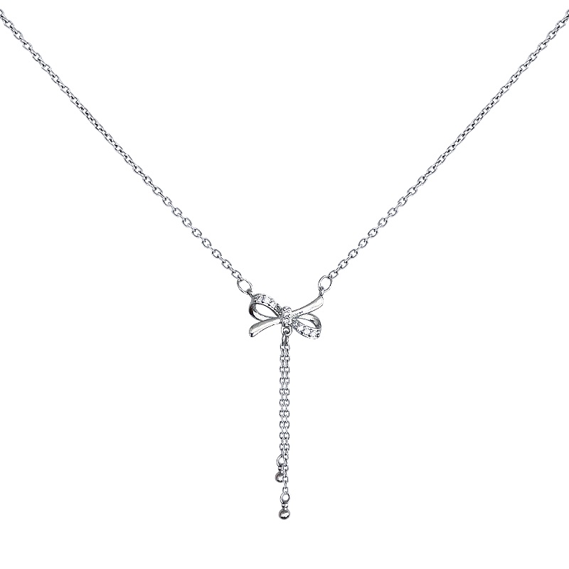 Kalung Rantai Rumbai Liontin Pita Aksen Kristal Warna Silver Untuk Wanita