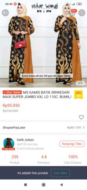 Ms Gamis Batik Sriwedari Maxi Super Jumbo Xxl Ld 110c. Bumil/busui Katun Sogan