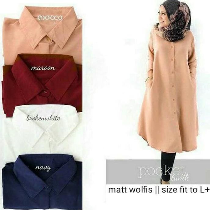 Murah Meriah  Terbaru Baju Atasan Tunik Pocket Tunik Baju Atasan Wanita Muslim Tunik - Putih
