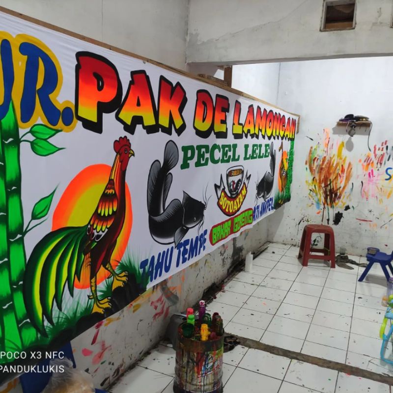 spanduk kain pecel lele lukis lamongan, per setengah meter. nasi goreng , ketoprak, bubur kacang ijo