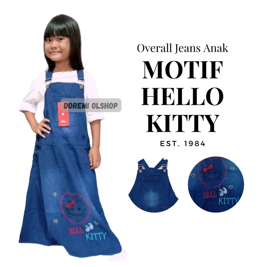 Overall Jeans Anak/Baju Kodok Anak Motif Hello Kitty Umur 5-10tahun